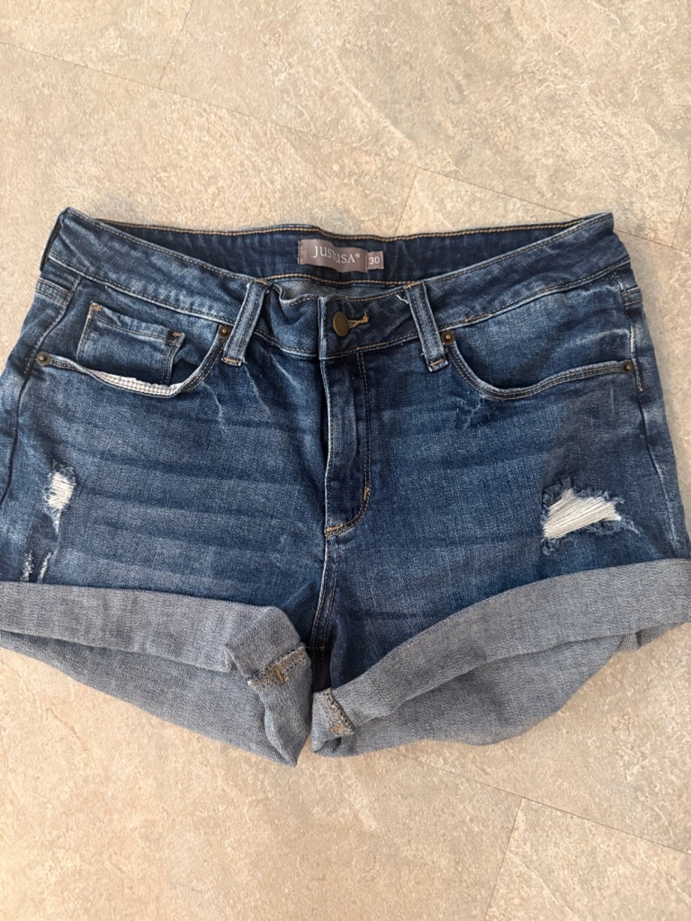 Just USA Medium Wash Distressed Cuffed Denim Shorts